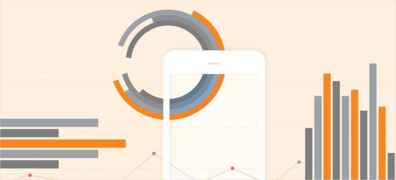 A smartphone is displayed in front of an abstract chart with circular and bar graph elements, featuring grey, orange, and black colors—a visual guide to mobile analytics success.