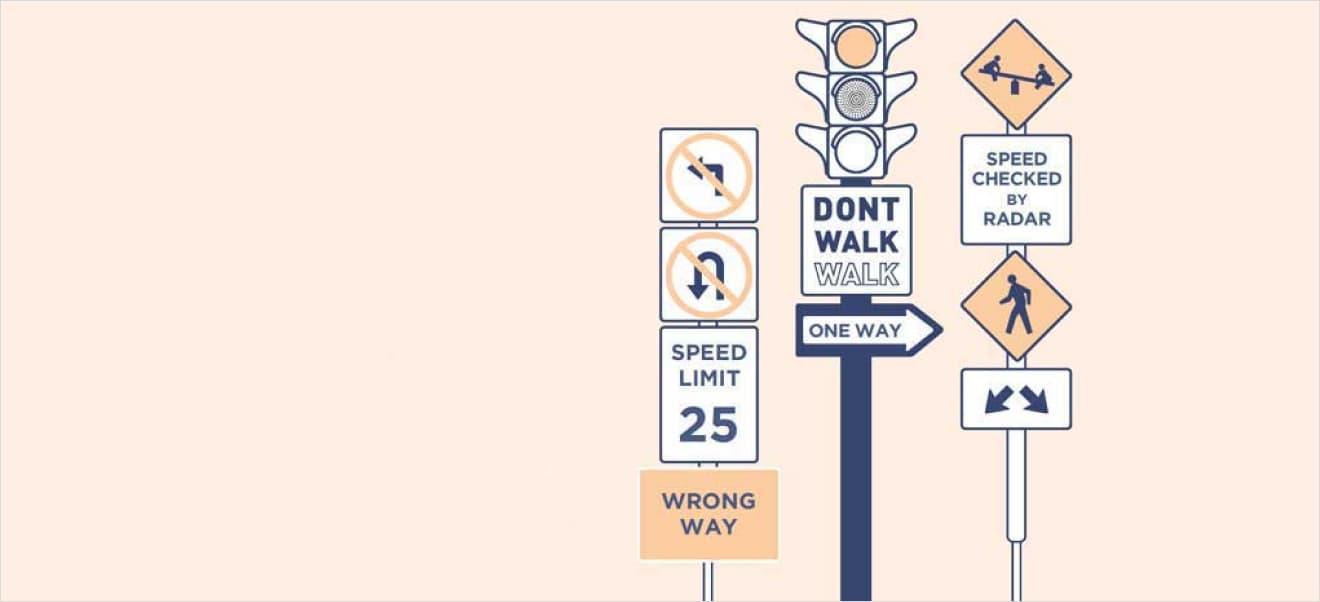 A cluster of road signs includes a no left turn sign, pedestrian crossing signals, speed limit 25, wrong way, speed checked by radar, one way, pedestrian crossing, and lane merging warning signs. It's almost as confusing as trying to navigate an unfriendly mobile app experience!