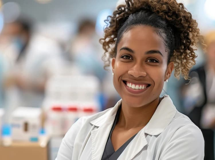 Photo of a smiling woman wearing a white lab coat, with a blurred pharmacy environment in the background.