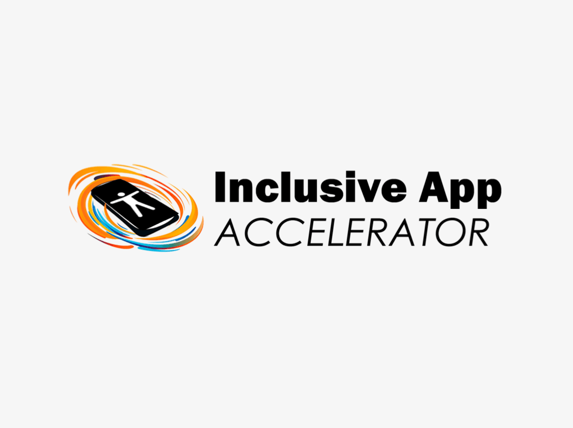 Logo for the Inclusive App Accelerator, which features a multicolored (orange, yellow, blue, teal) swirling pattern element surrounding a smartphone display with a white accessibility icon on a black background. The text on the right reads "Inclusive App Accelerator".