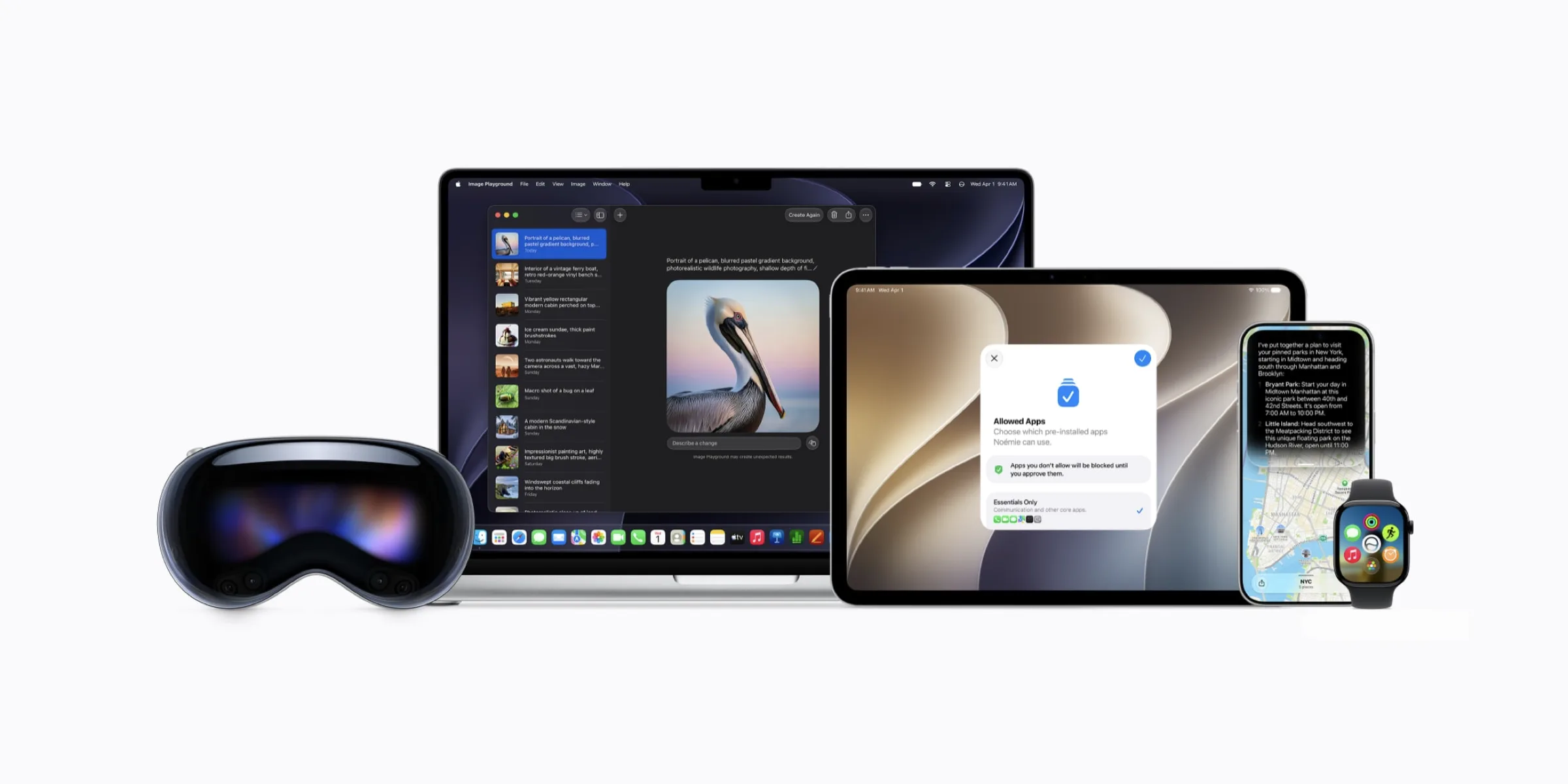 An Apple Vision Pro, a MacBook, an iPad, an iPhone, and an Apple Watch are displayed on a white background.