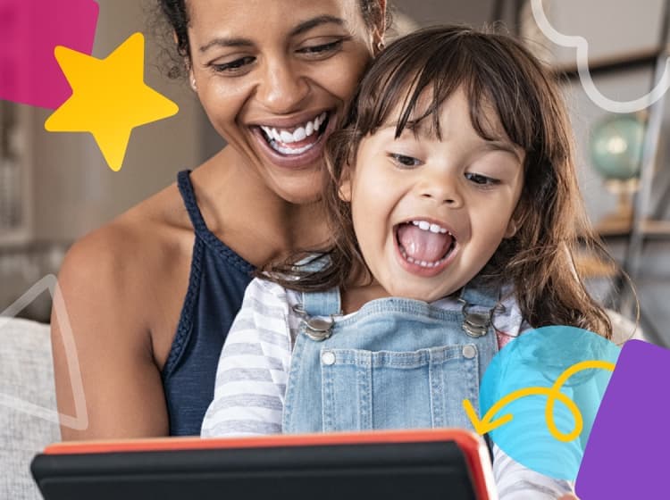 A woman and child sitting on a couch, smiling and looking at a tablet. Bright, colorful graphics adorn the image. They are enjoying ArcTouch's Common Sense Media app.