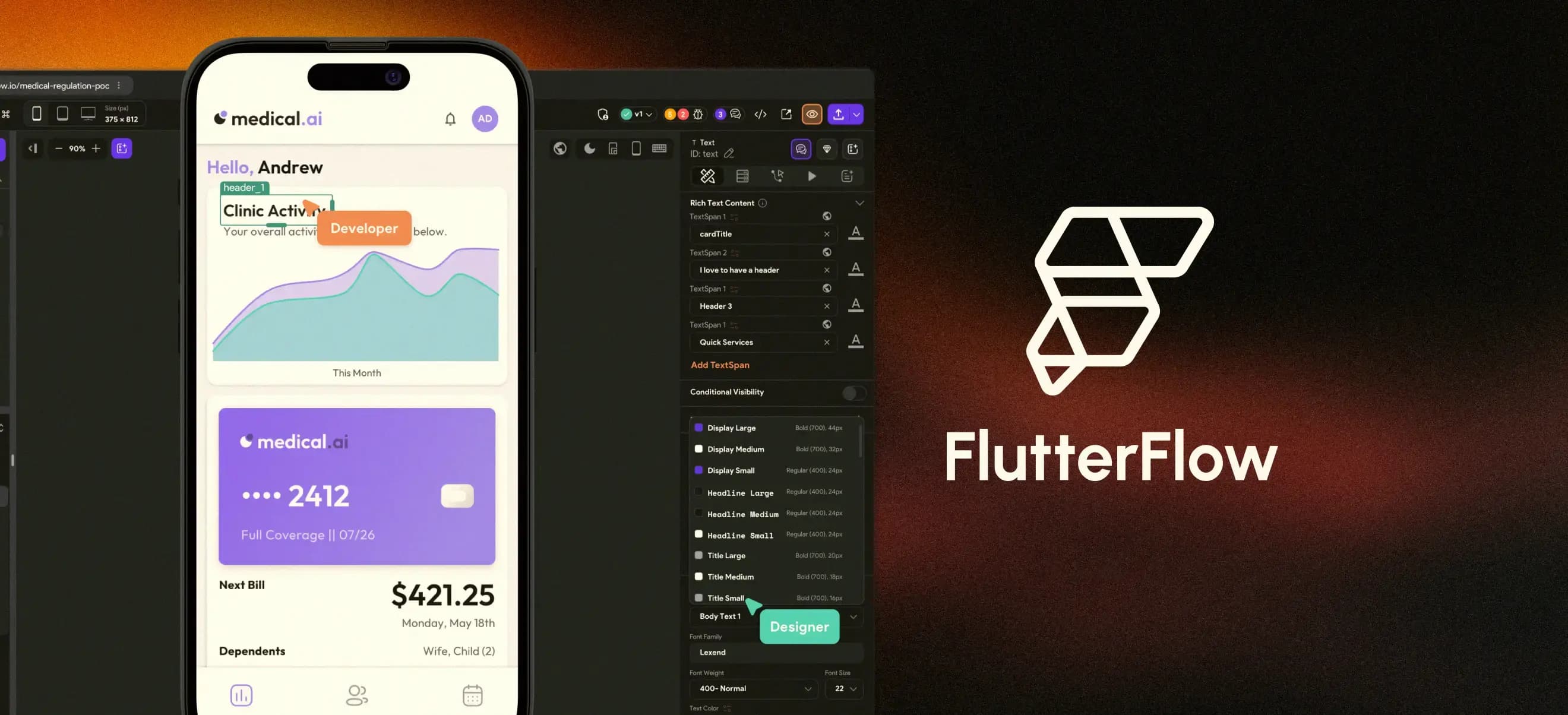 Screenshot of the FlutterFlow interface alongside the FlutterFlow logo