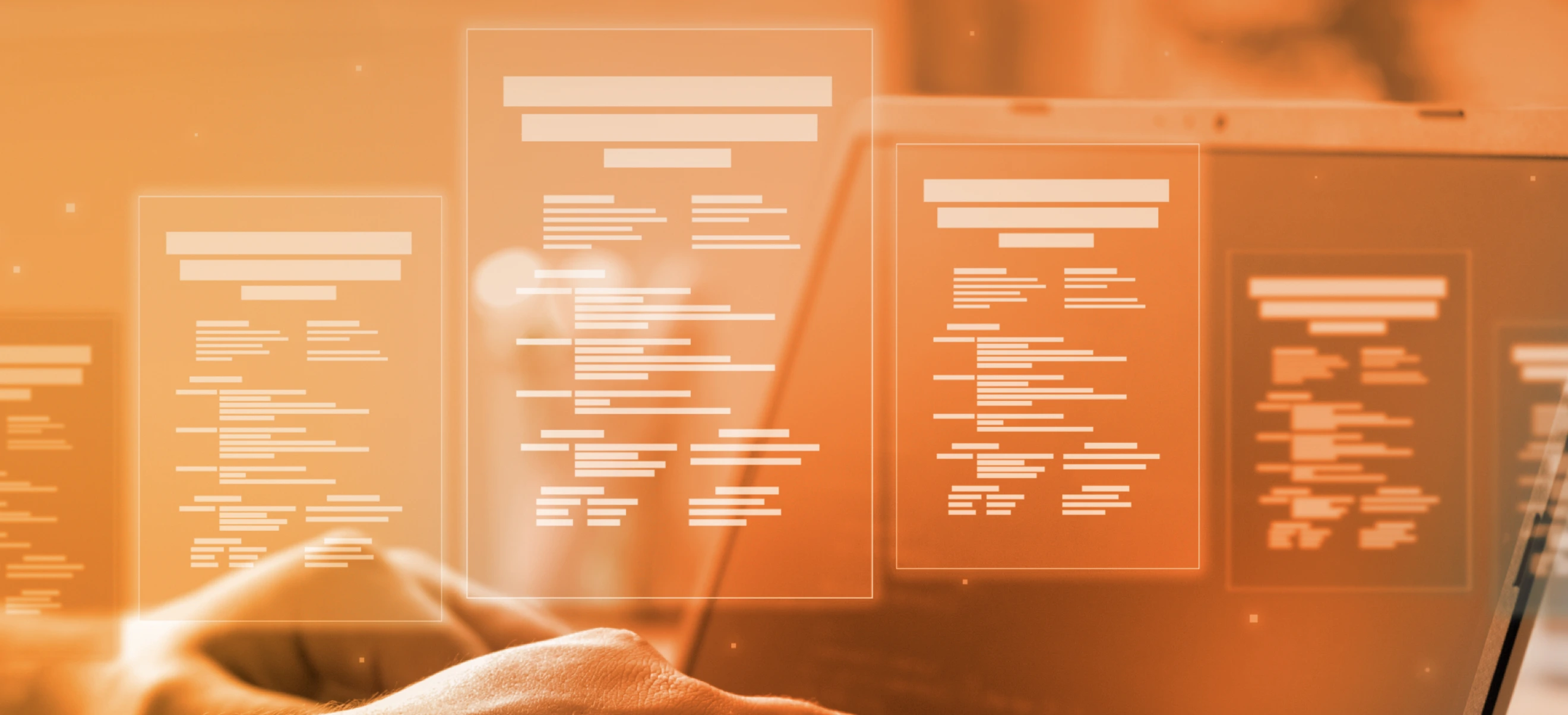 A person types on a laptop with abstract page mockups over the screen; the image has an orange tint.
