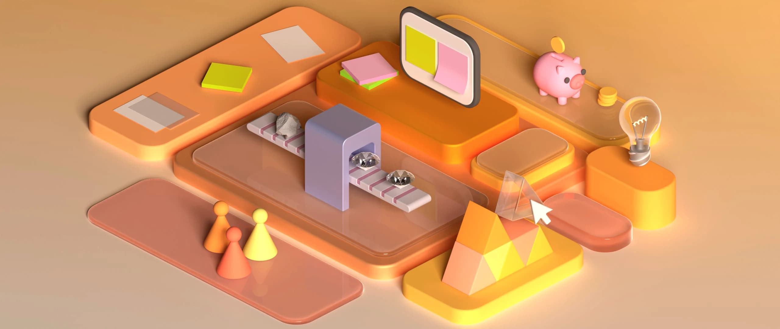 3D illustration representing a building process, from idea to commercial success.