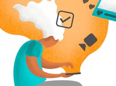 Illustration of a person using a smartphone with various icons, such as a check mark and a heart, connected to their head, symbolizing the flow of information and interaction with digital media.