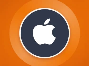 Orange background with a centered Apple icon in a dark blue circle