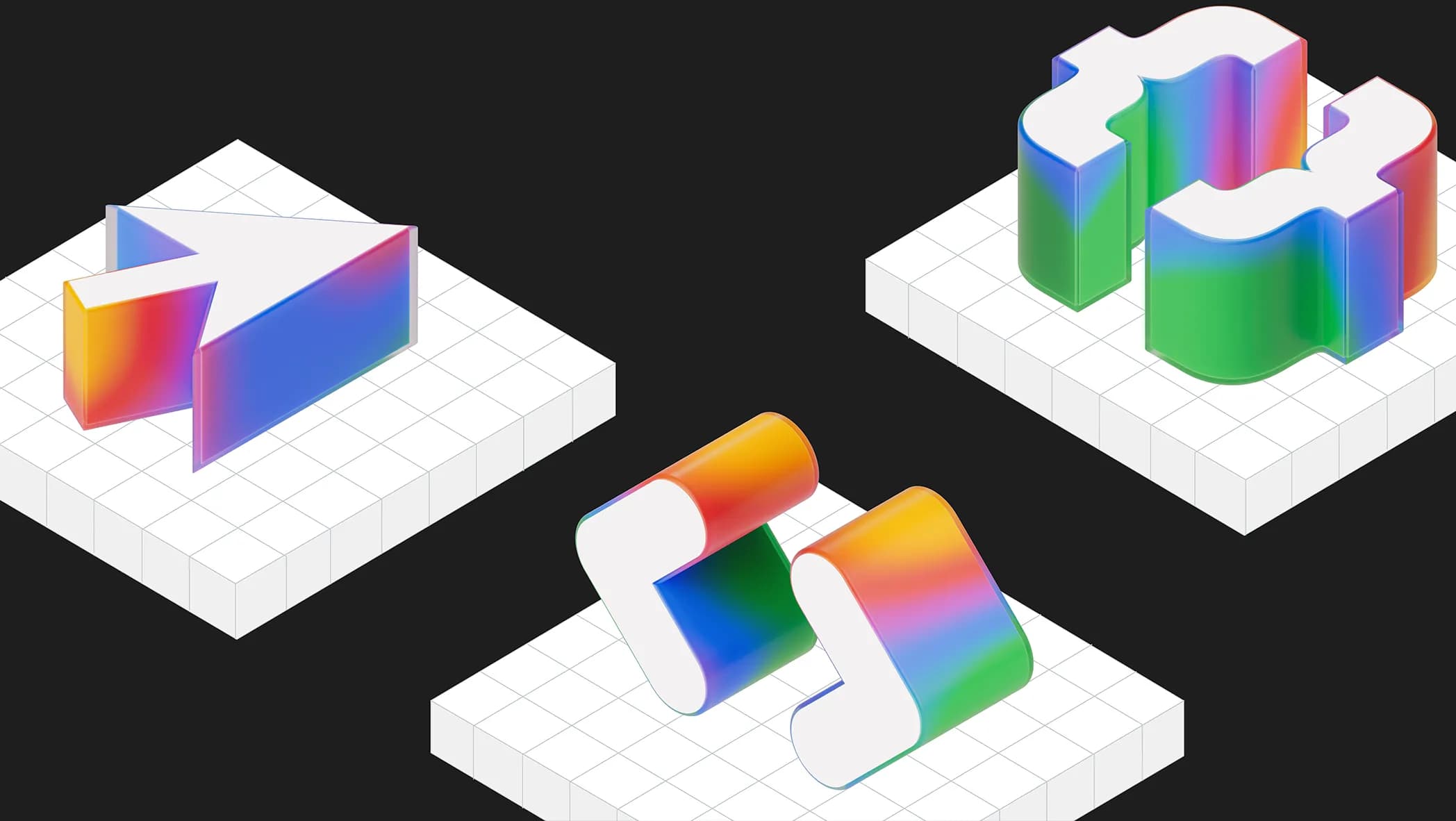 Three white grid platforms display abstract 3D shapes with rainbow gradients: an arrow, a twisting form, and two curving structures, all on a black background.