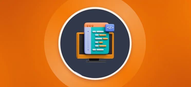 Orange background with a centered 3D illustration depicting a Web Development process