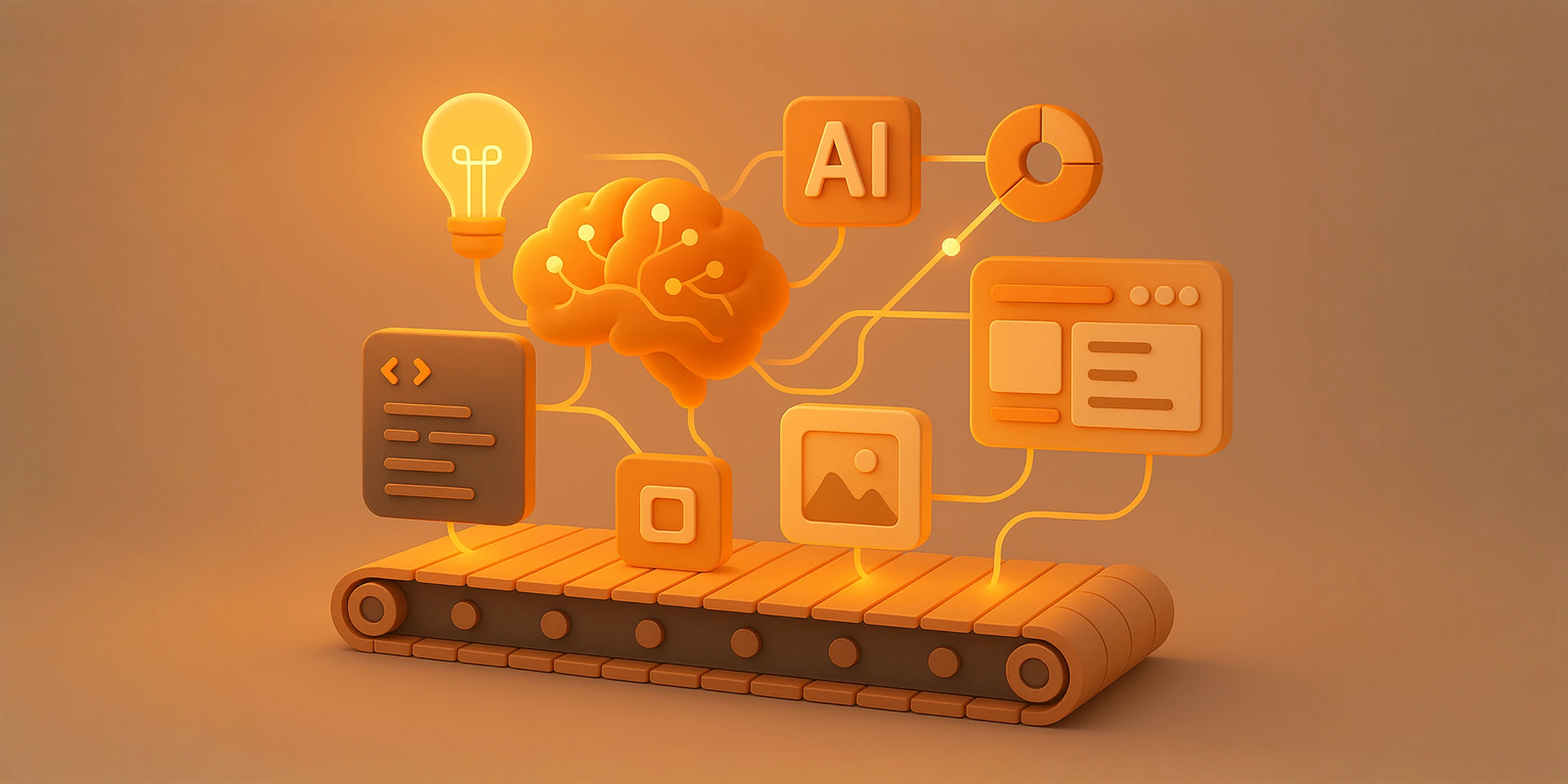 A 3D illustration depicts an innovation sprint process, with a conveyor belt moving a code component, an AI module, and various UI elements, all connected through brain synapses.