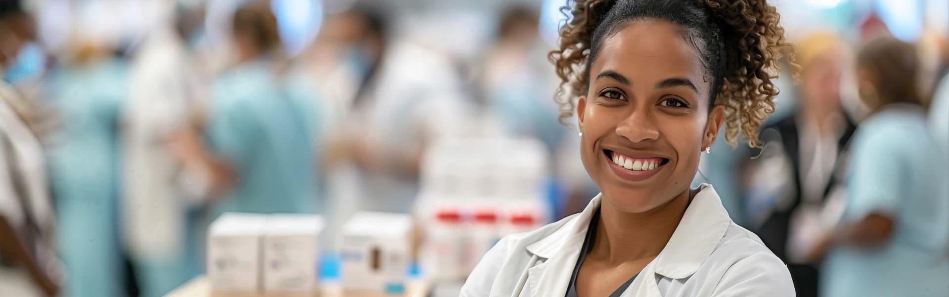 Photo of a smiling woman wearing a white lab coat, with a blurred pharmacy environment in the background.