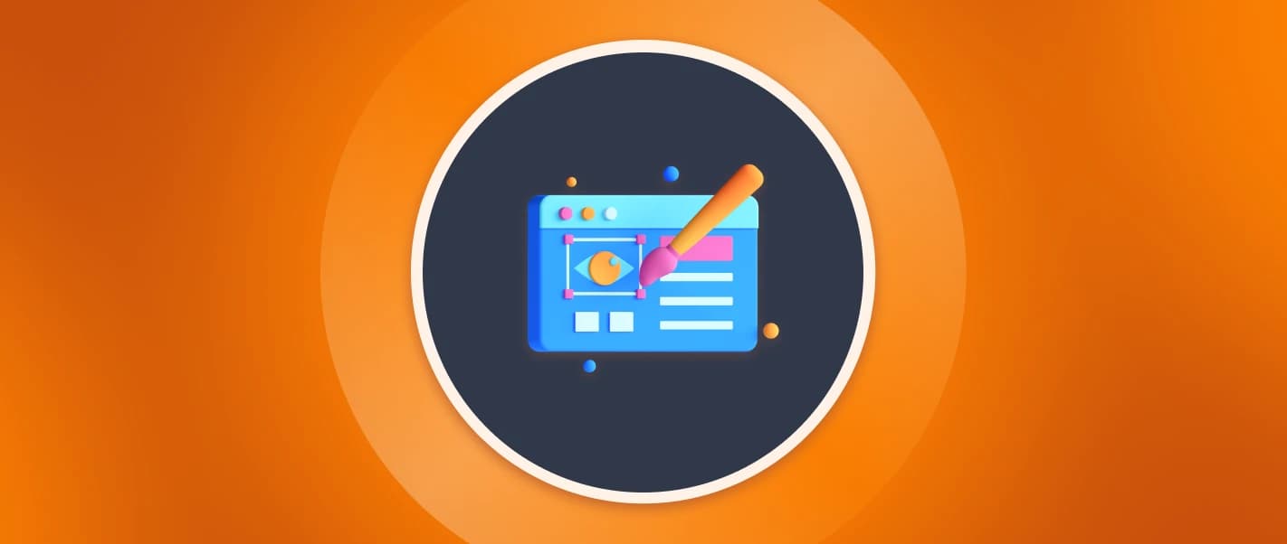 Orange background with a centered 3D illustration depicting a UI design process