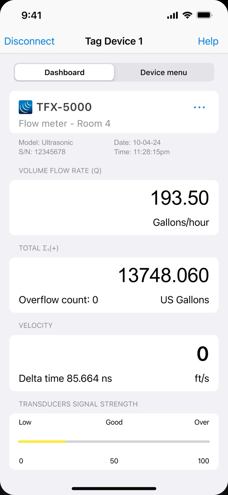 Screenshot showing data from a flow meter device connected to the SoloCUE® Flow Device Manager app