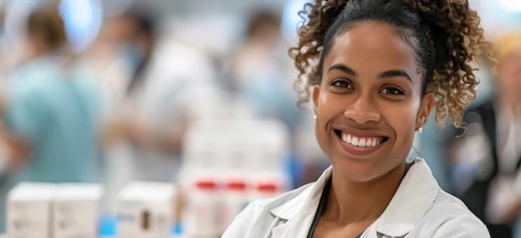 Photo of a smiling woman wearing a white lab coat, with a blurred pharmacy environment in the background.