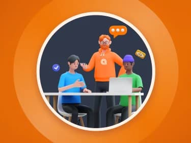 Orange background with a centered 3D illustration of a team working together