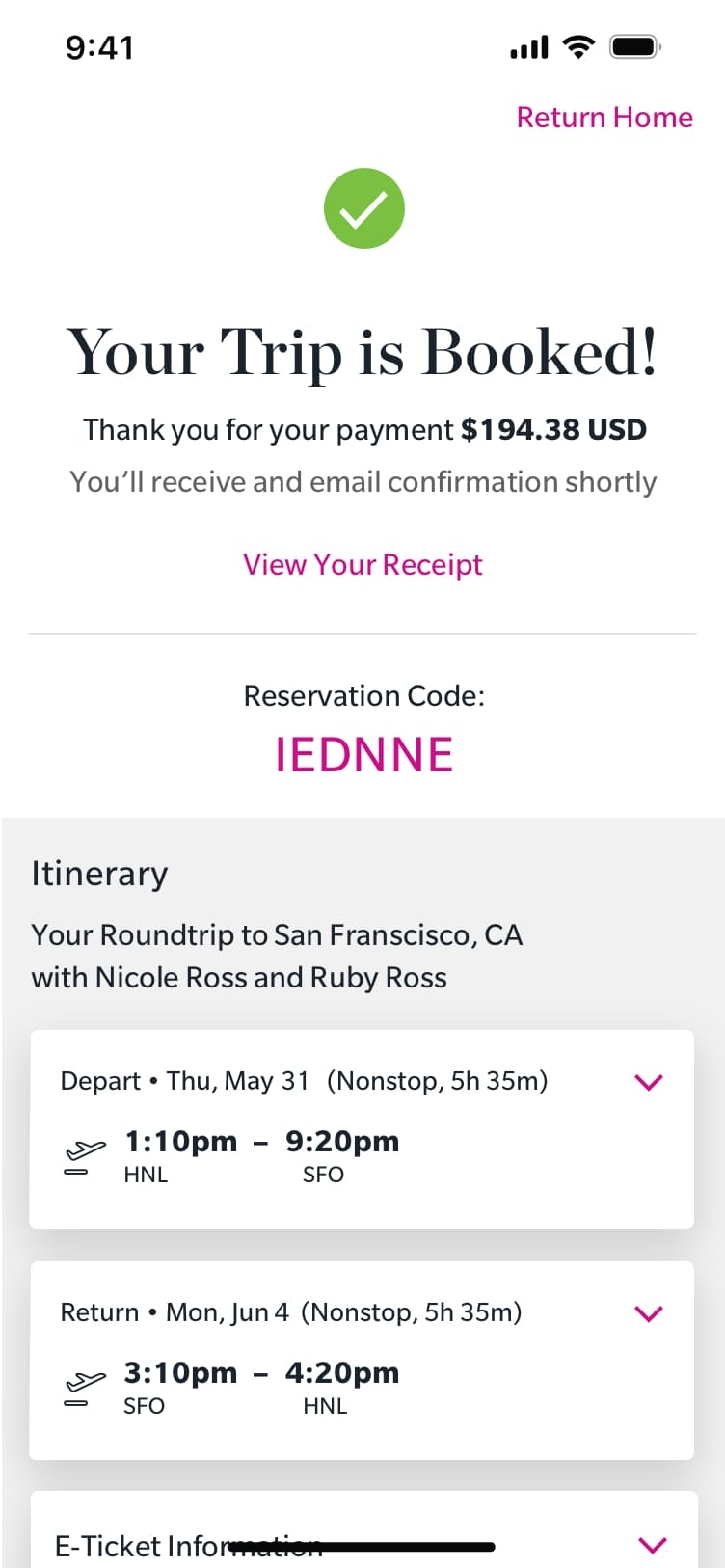 A Hawaiian Airlines app screen displays a flight booking confirmation. Text includes a trip is booked with a payment, trip ID, and itinerary details for a round trip from New York to Miami.