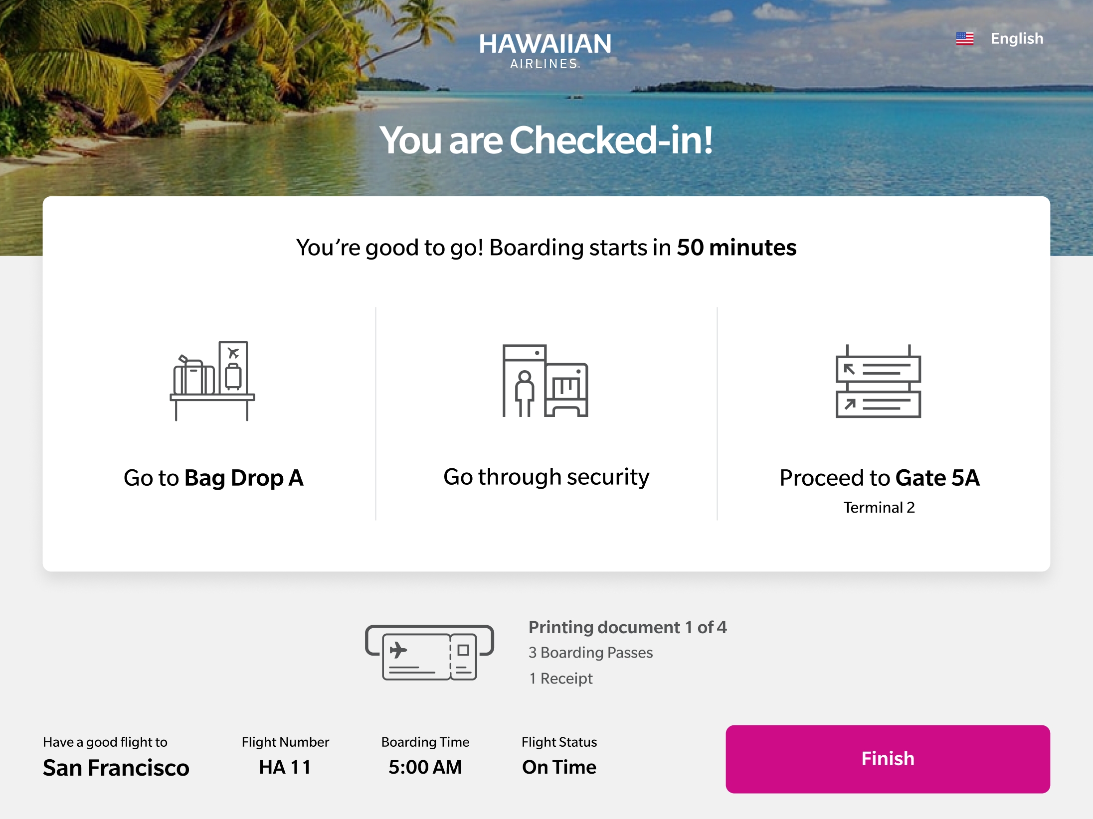 Digital boarding pass for a flight to San Francisco, available on the Hawaiian Airlines app, indicating the user is checked in. Instructions include going to bag drop, going through security, and proceeding to Gate 5A. Boarding starts in 50 minutes.