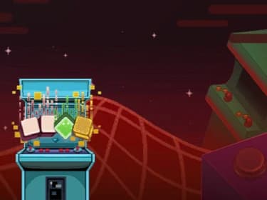 A retro arcade cabinet is displayed in a dark, star-filled space with red, grid-like structures in the foreground. The cabinet features unique pixelated interactive elements.