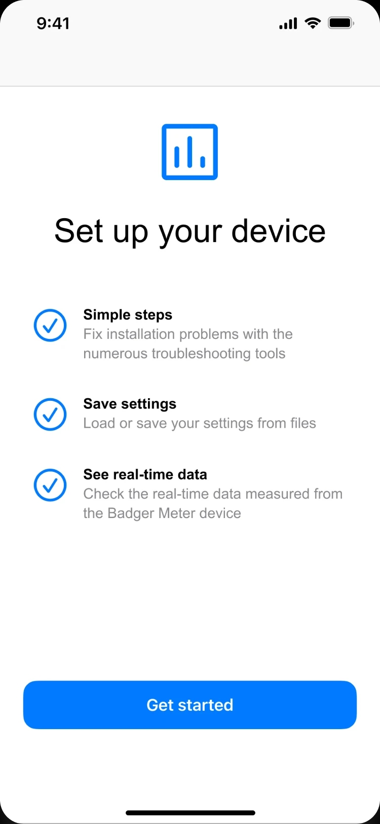 Screenshot of the initial device setup on the SoloCUE® Flow Device Manager app