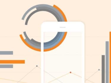 A smartphone is displayed in front of an abstract chart with circular and bar graph elements, featuring grey, orange, and black colors—a visual guide to mobile analytics success.