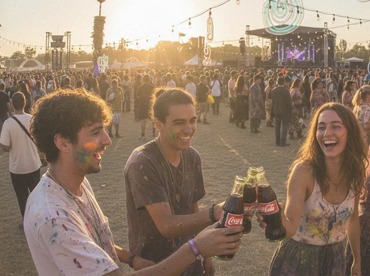 A group of friends is enjoying themselves at a festival, some clinking bottles of Coca-Cola and others painting a colorful mural on a wall. The sun is setting, casting a warm glow over the scene, and a large crowd gathered in the background is watching a performance on a stage.