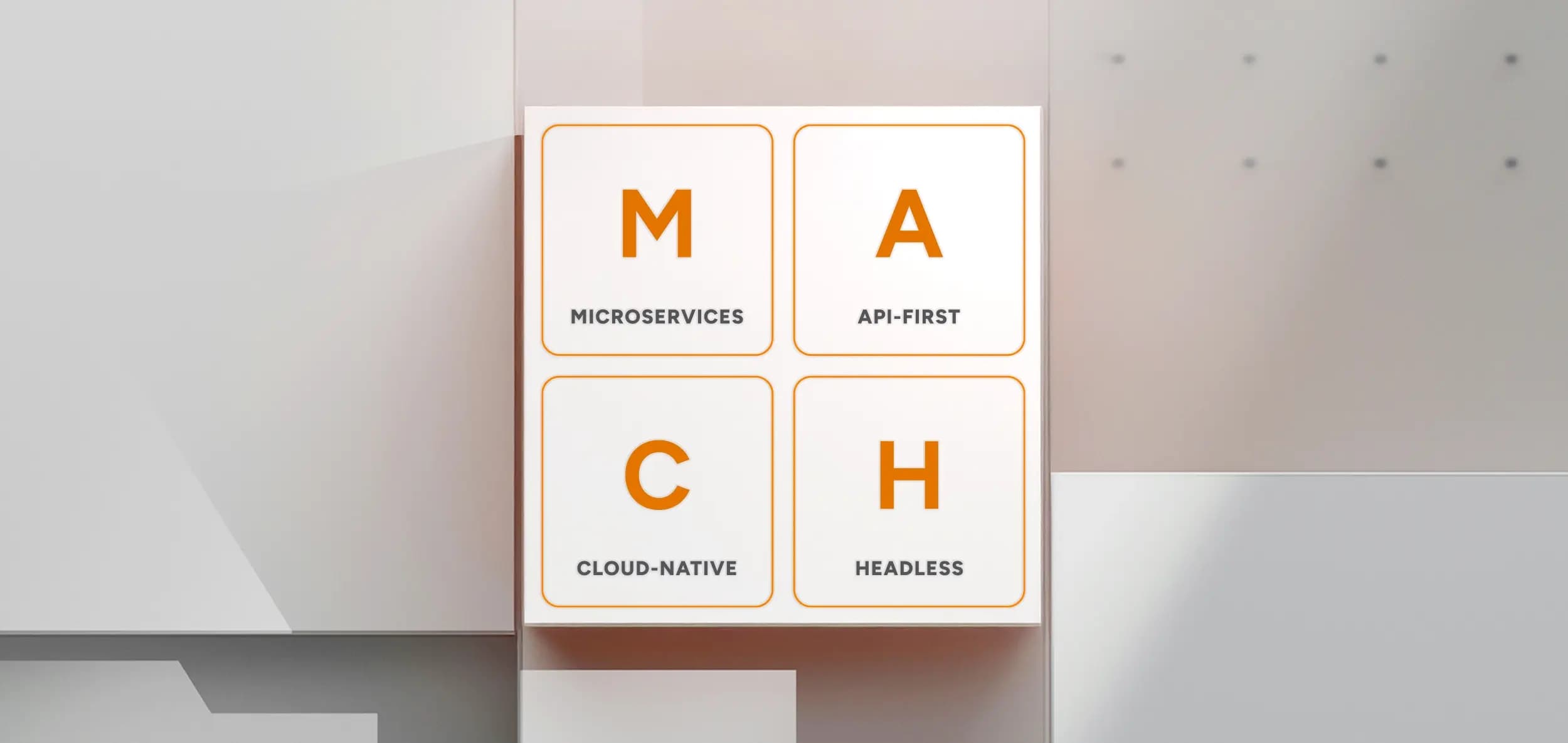 White square divided into four smaller squares, each containing a letter (M, A, C, H) in orange. Below each letter are smaller, darker gray text descriptions: M - Microservices; A - API-first; C - Cloud-native; H - Headless