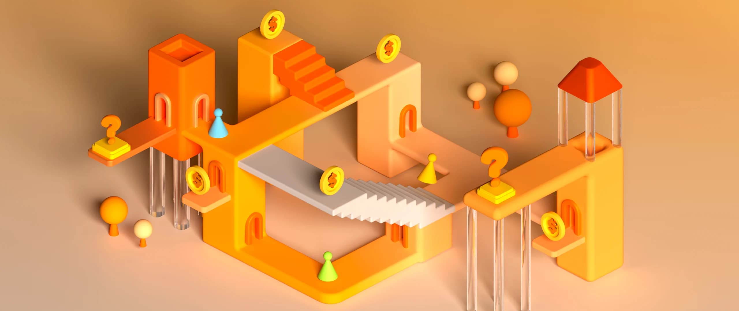 3D illustration featuring platforms and pathways at different levels, connected by stairways and bridges. Board game-style paws, coins, and question marks are placed across the structure.