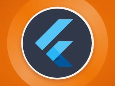 Orange background with a centered Flutter logo in a dark blue circle
