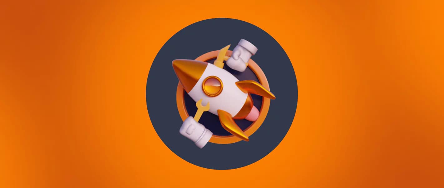 A gradient orange background with a dark blue circle in the center features a 3D illustration of a rocket being worked on by two robots using a hammer and a wrench.