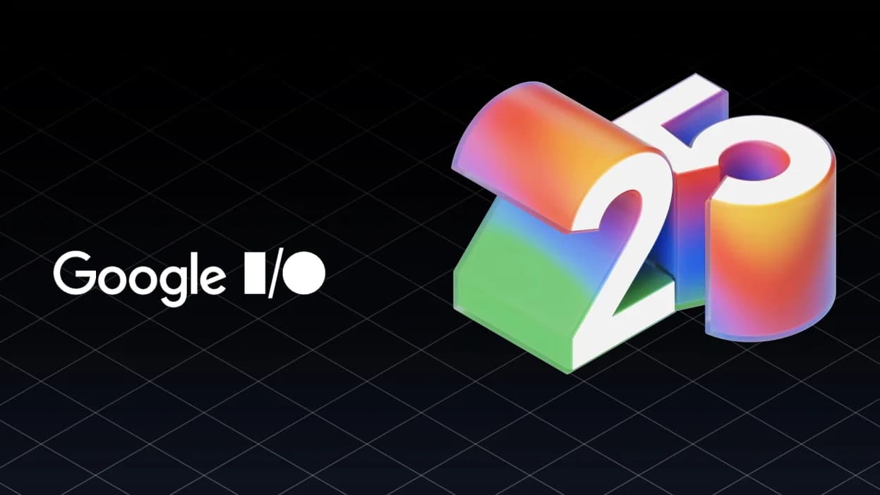 Google I/O 2024 logo on a dark geometric background, featuring colorful 3D numbers 24 beside the Google I/O text and icon.