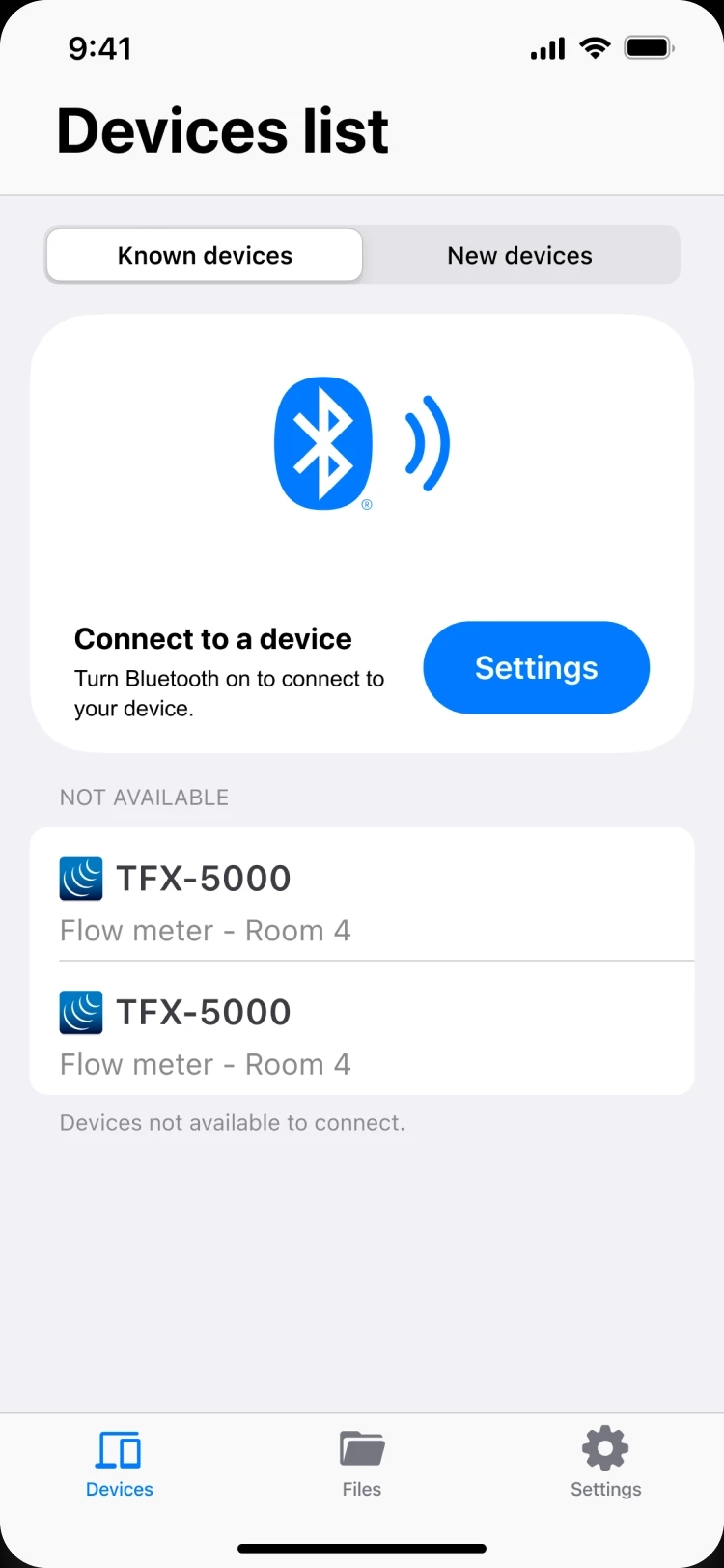 Screenshot of the connected devices list on the SoloCUE® Flow Device Manager app