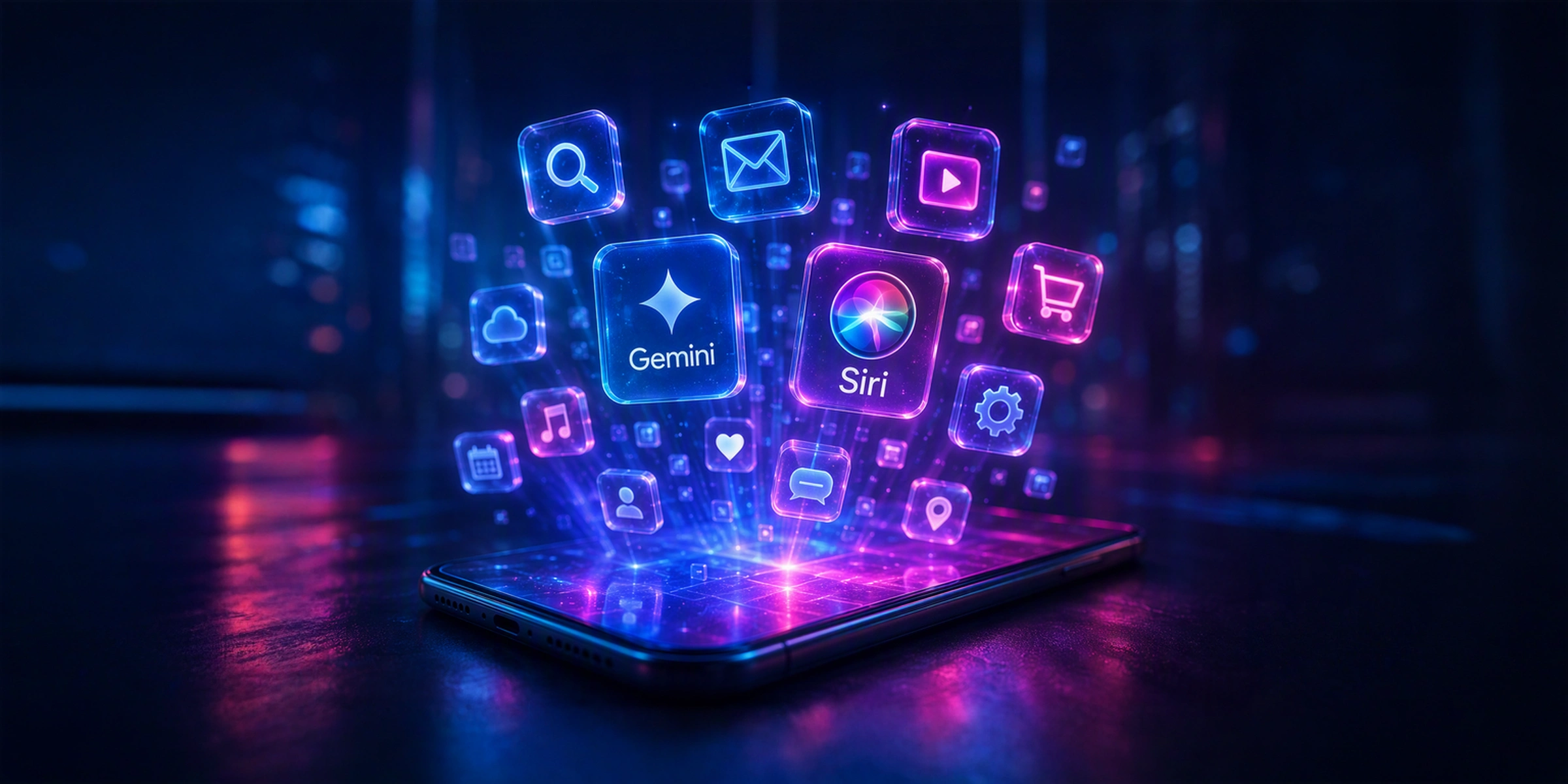 Various app icons float above a smartphone as they emerge from the screen in a glowing, futuristic holographic display. The icons include Gemini and Siri logos, as well as other popular apps and features such as email, search, video, shopping, cloud, music, calendar, profile, message, favorite, maps, and settings.