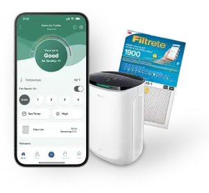 A screenshot of the 3M Filtrate Smart app on the left and a Filtrete 1900 HVAC filter on the right