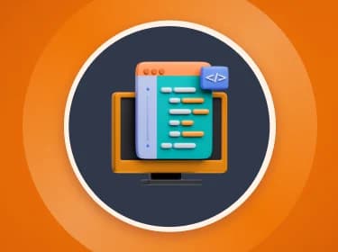 Orange background with a centered 3D illustration depicting a Web Development process