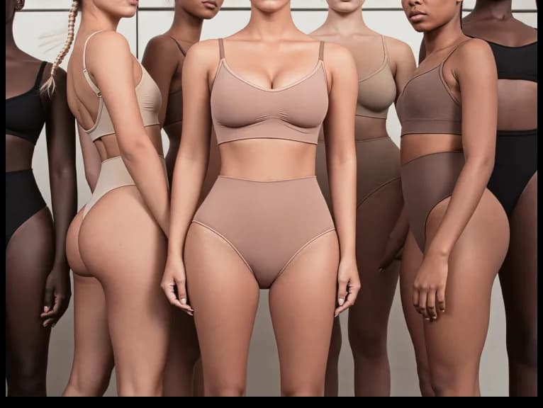 A group of women with diverse skin tones wearing various styles of shapewear. The word "SKIMS" is displayed over the women.