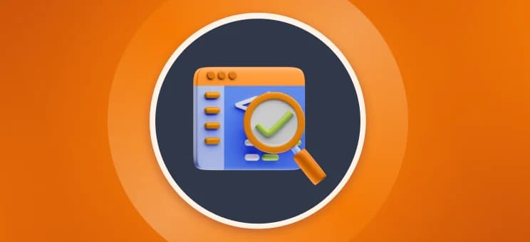 Orange background with a centered 3D illustration depicting a QA testing process