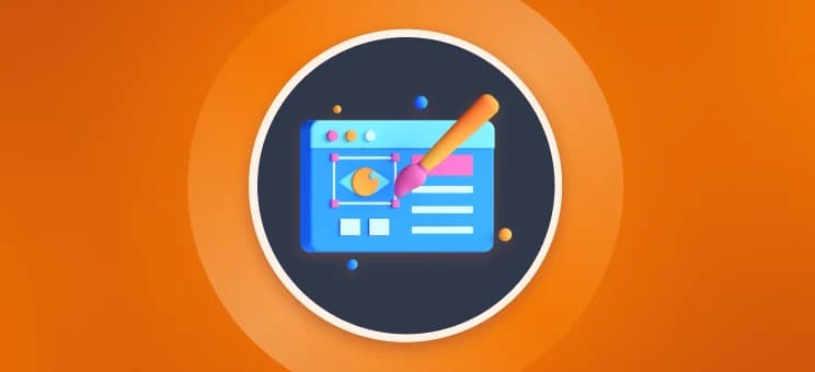 Orange background with a centered 3D illustration depicting a UI design process