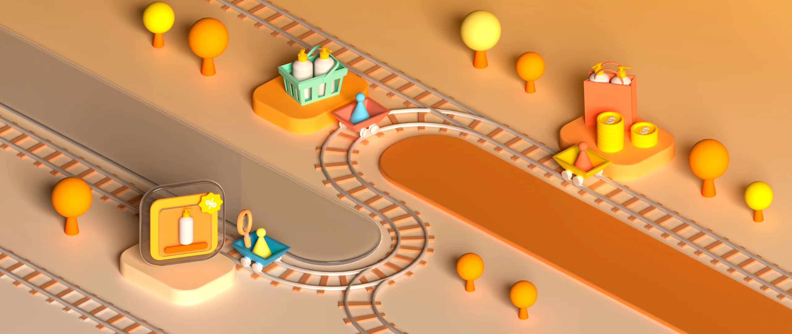 3D illustration with train tracks depicting a user journey. Carts with board game-styled paws are placed at different stops across the railway, representing three stages: the first stop features a billboard announcing a product on sale; at the next stop, a shopping basket with the announced product is visible; the final stop is the checkout.