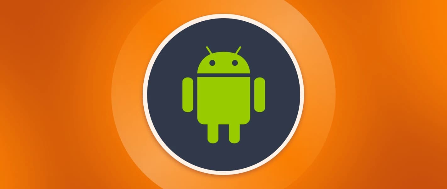 Orange background with a centered Android logo in a dark blue circle