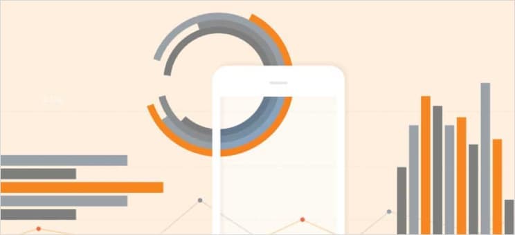 A smartphone is displayed in front of an abstract chart with circular and bar graph elements, featuring grey, orange, and black colors—a visual guide to mobile analytics success.