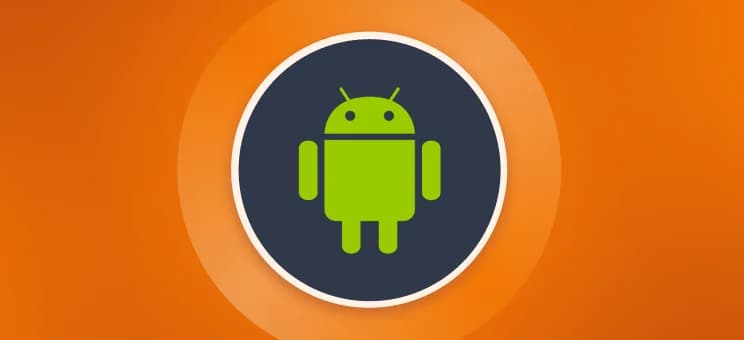 Orange background with a centered Android logo in a dark blue circle