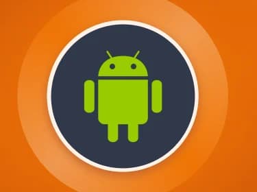 Orange background with a centered Android logo in a dark blue circle