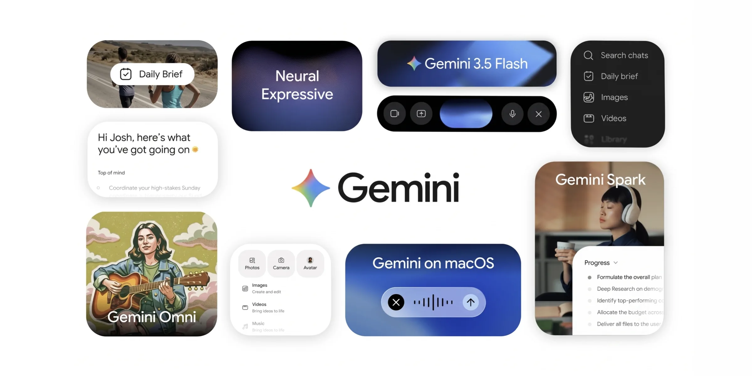 This image showcases various aspects of Gemini AI, including UI elements across different platforms and features such as "Daily Brief," "Neural Expressive,""Gemini Omni," "Gemini Spark," and "Gemini on macOS."