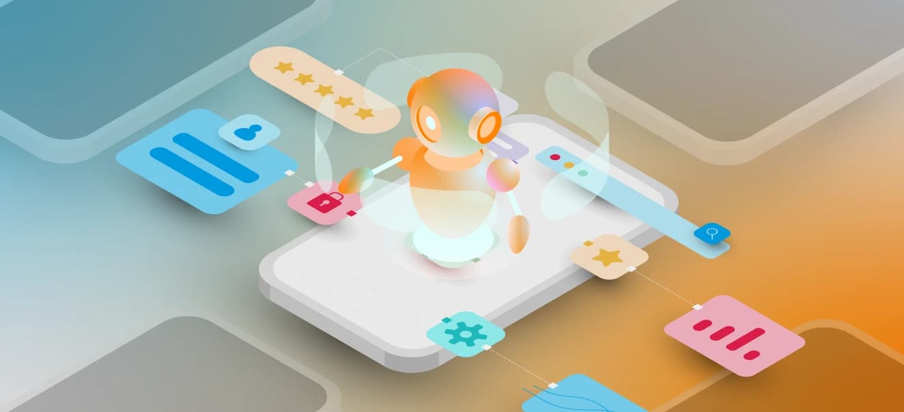 3d illustration of a robot on top of a smartphone screen, surrounded by app icons and widgets