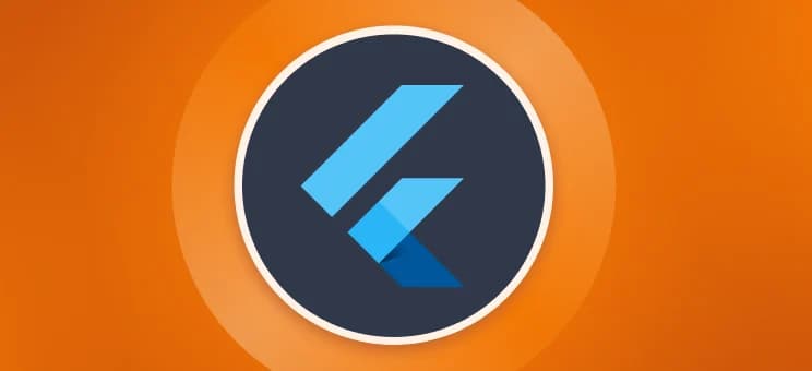 Orange background with a centered Flutter logo in a dark blue circle