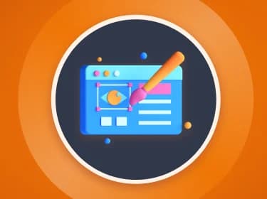 Orange background with a centered 3D illustration depicting a UI design process