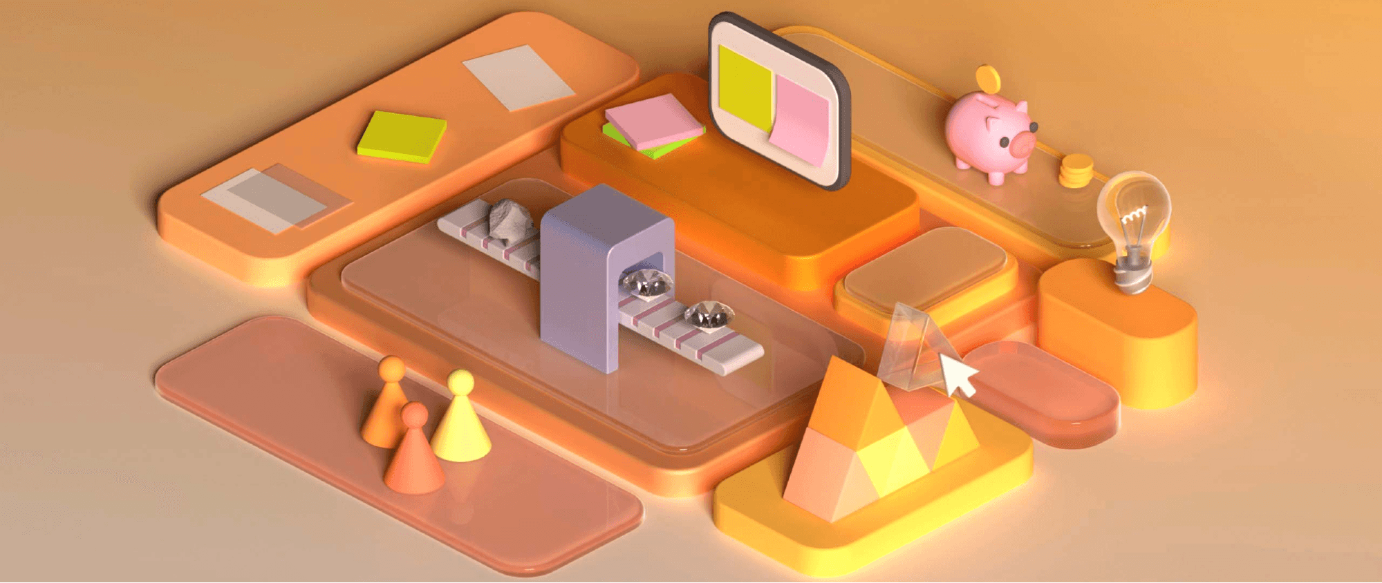 A playful 3D illustration of a business workflow, featuring interconnected platforms with a group of pawns, a manufacturing machine, a screen, a piggy bank, a lightbulb idea, and a pyramid-like decision point.