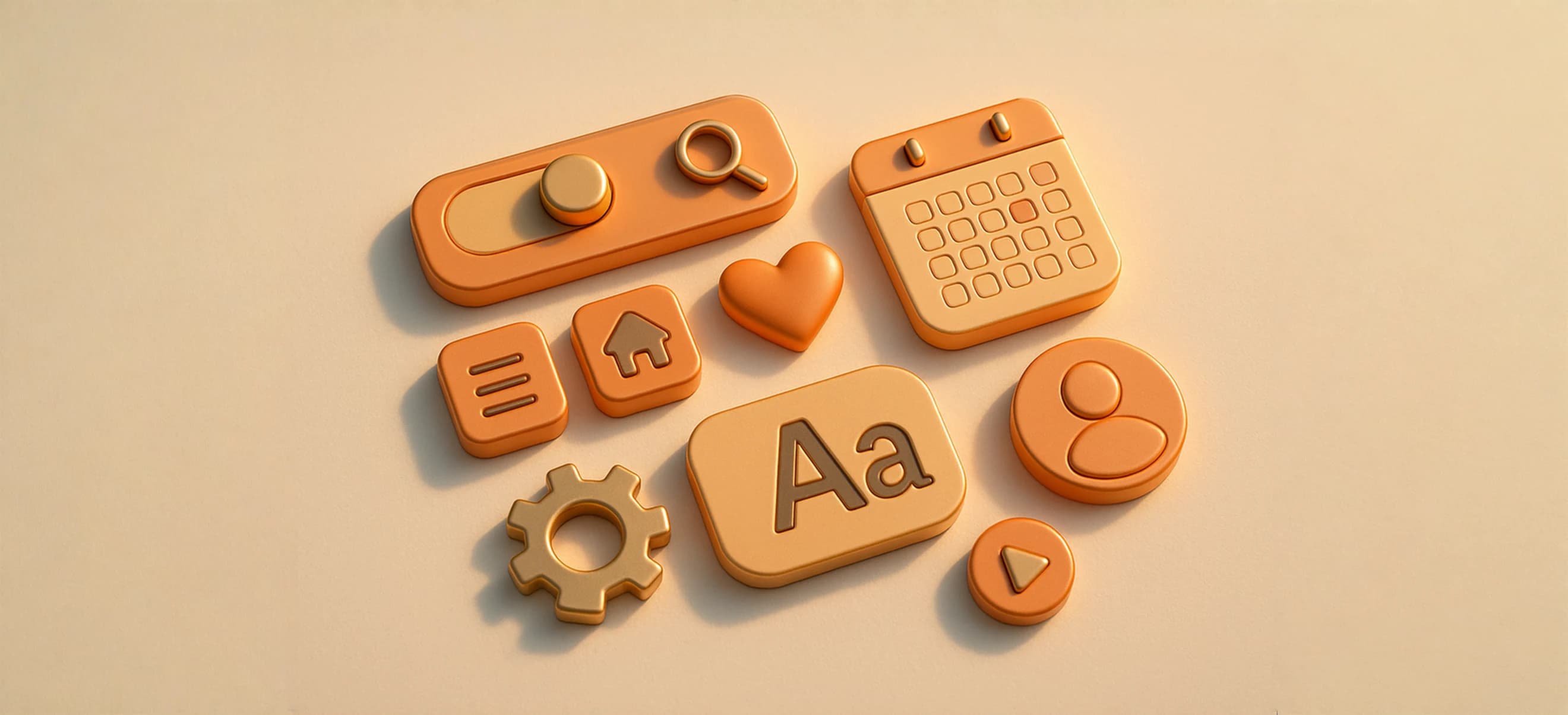 A vibrant 3D illustration showcases a collection of UI elements, including a toggle button; search, menu, home, favorite, settings, and play icons; a user profile avatar; a calendar widget; and a font sample, styled in a palette of oranges, soft peaches, and muted gold tones.
