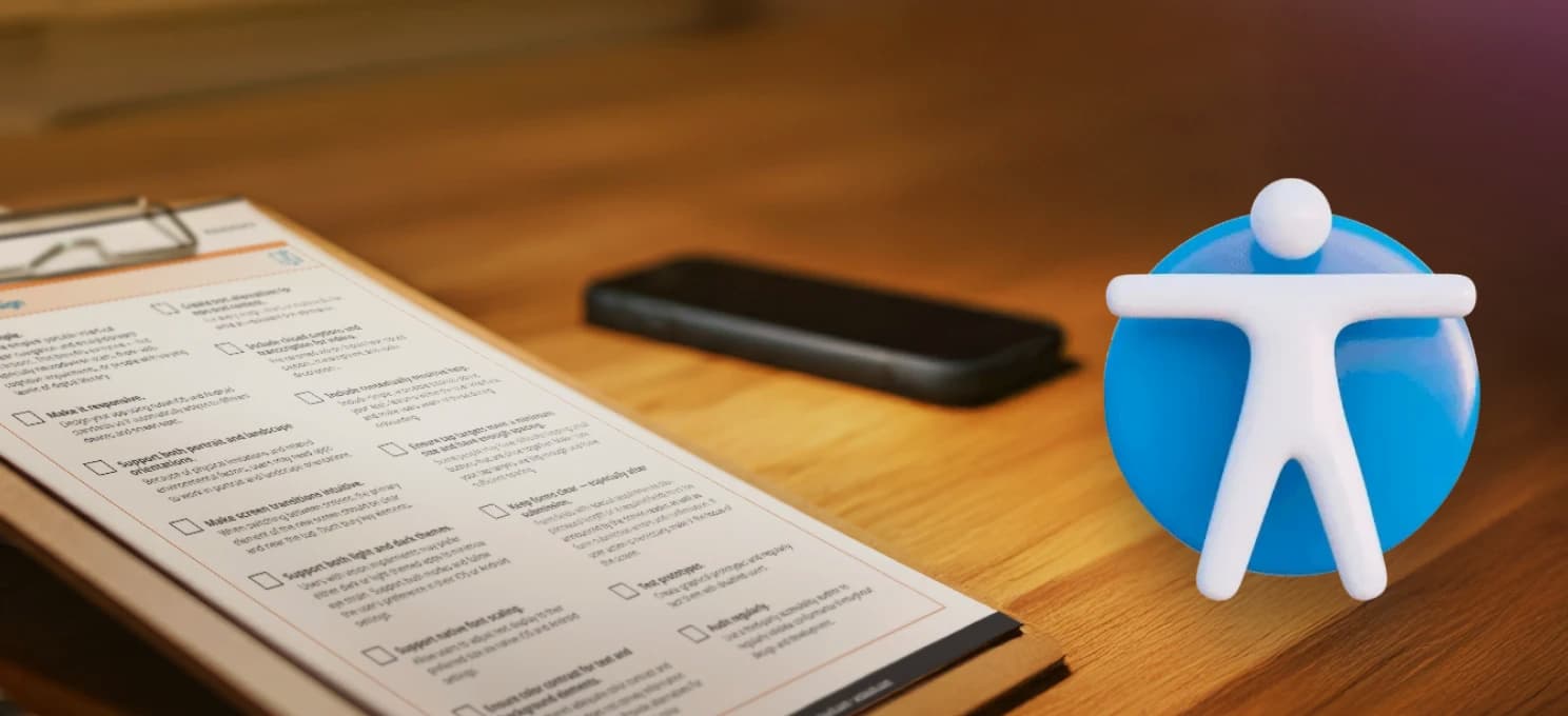 On the left is text that reads App Accessibility Checklist and the ArcTouch logo. On the right is a smartphone with an orange accessibility icon on a white screen.