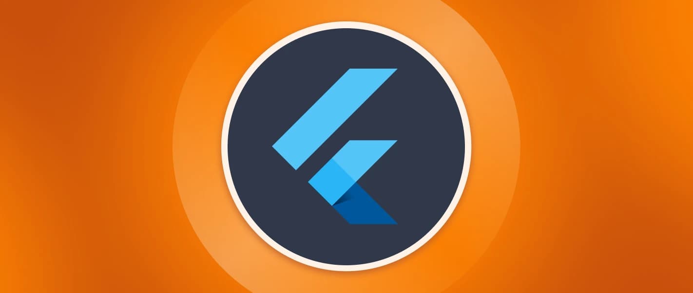 Orange background with a centered Flutter logo in a dark blue circle